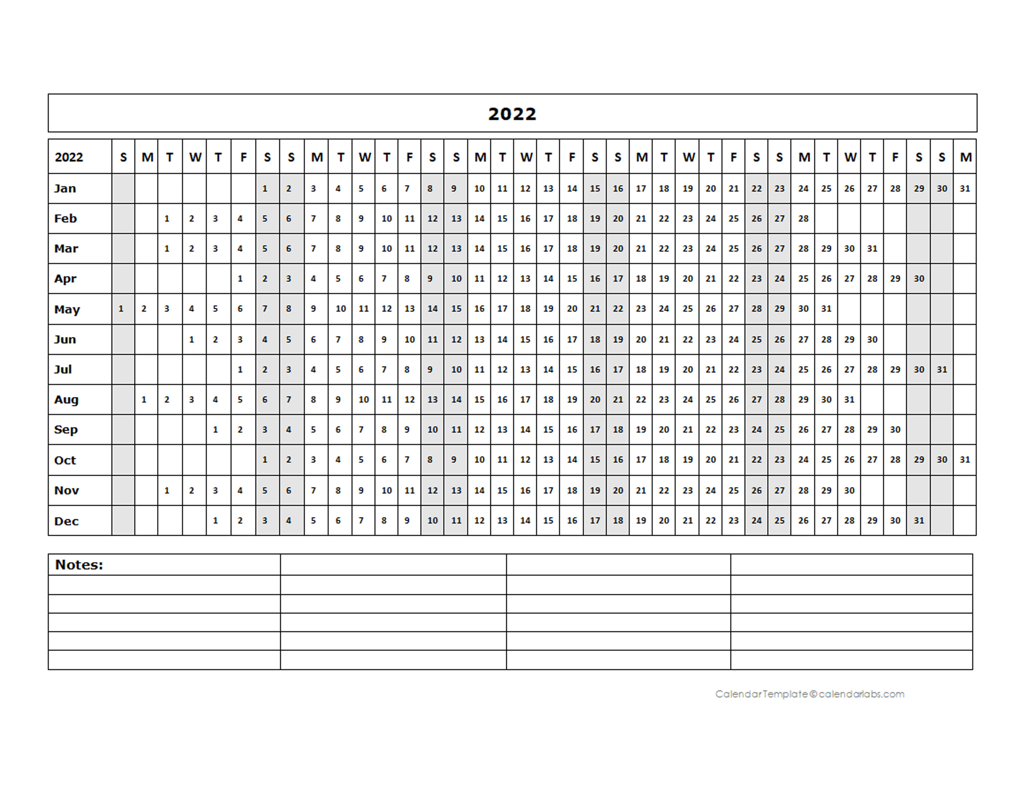 2022 Blank Landscape Yearly Calendar Template Free