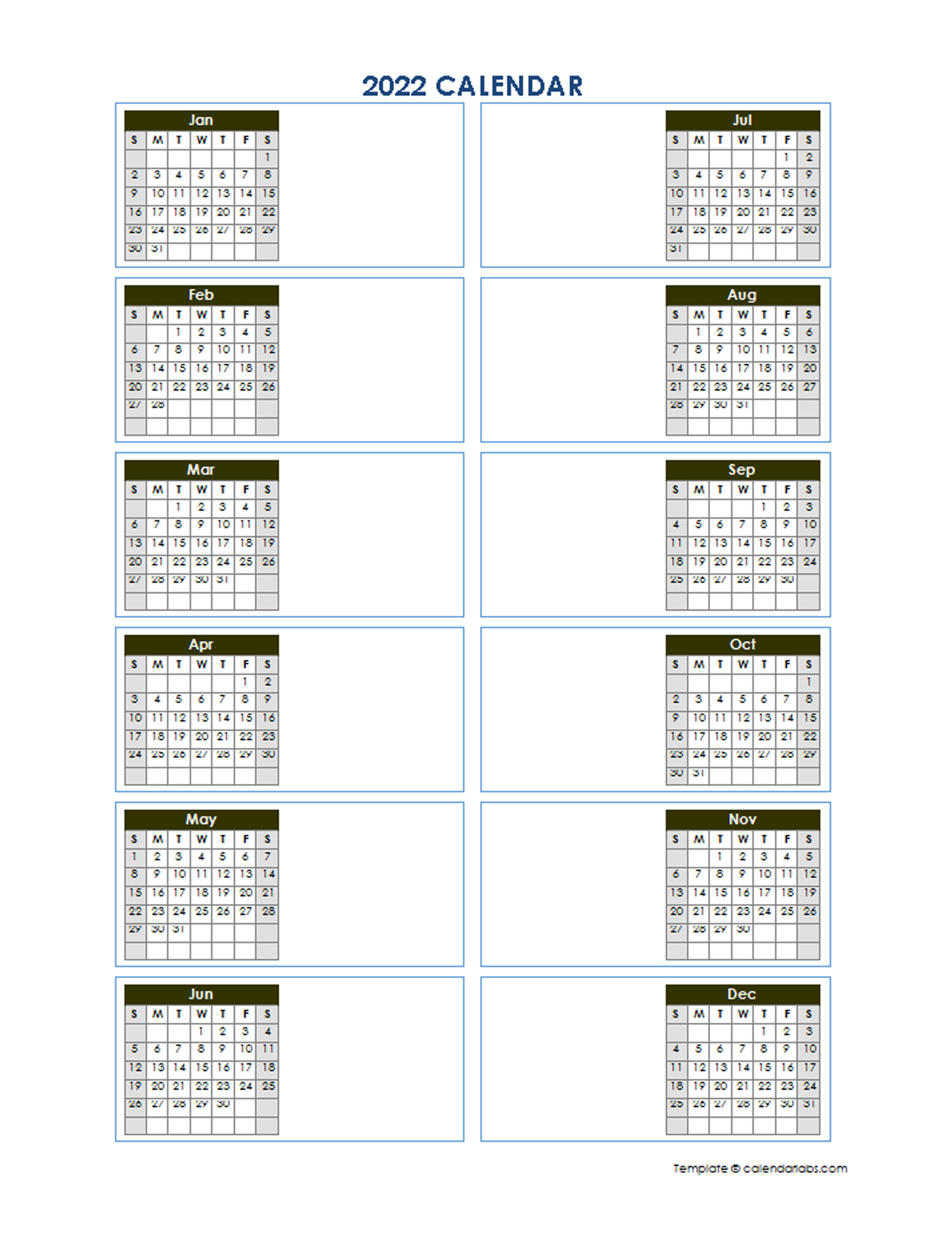 2022 Blank Yearly Calendar Template Vertical Design Free Printable Templates