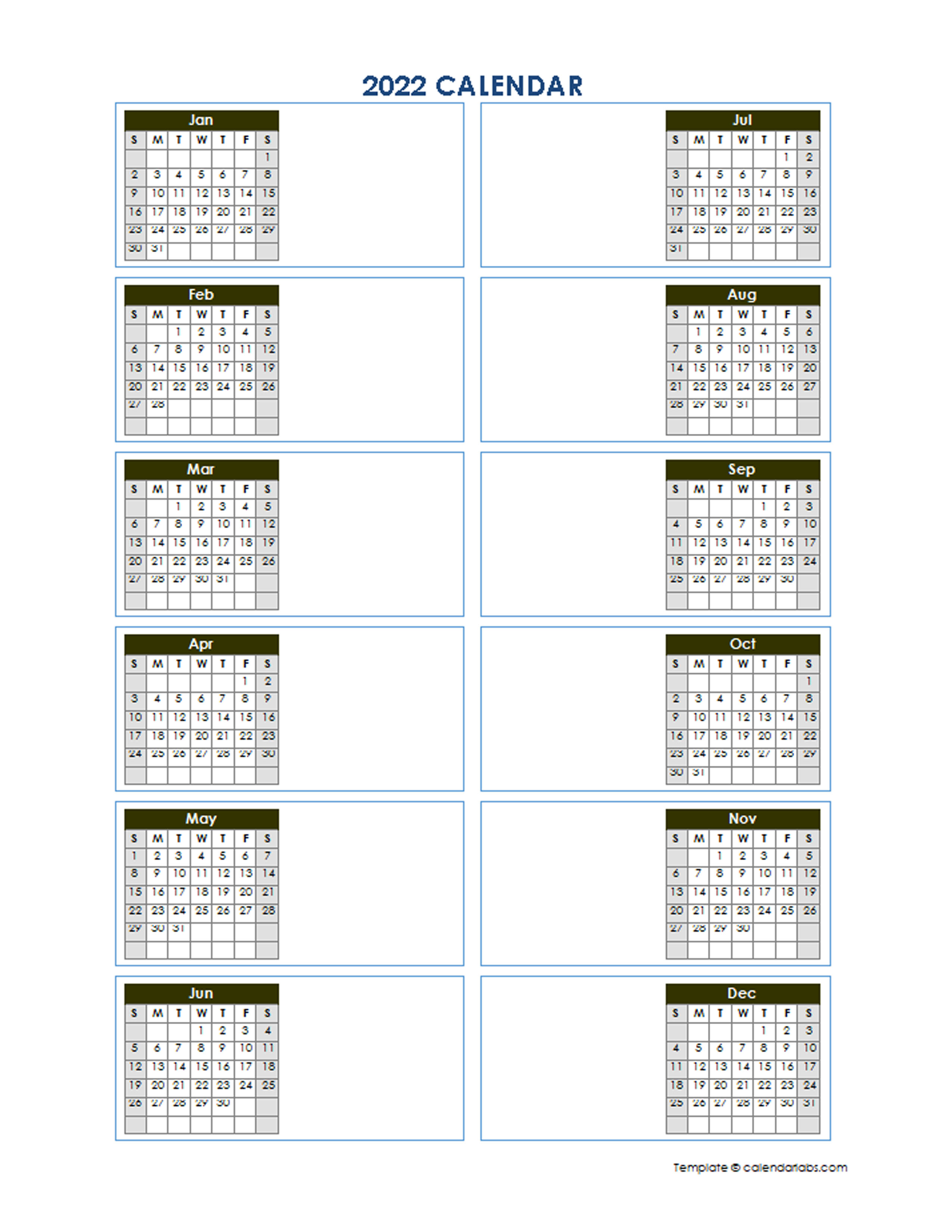 2022 Blank Yearly Calendar Template Vertical Design Free Printable