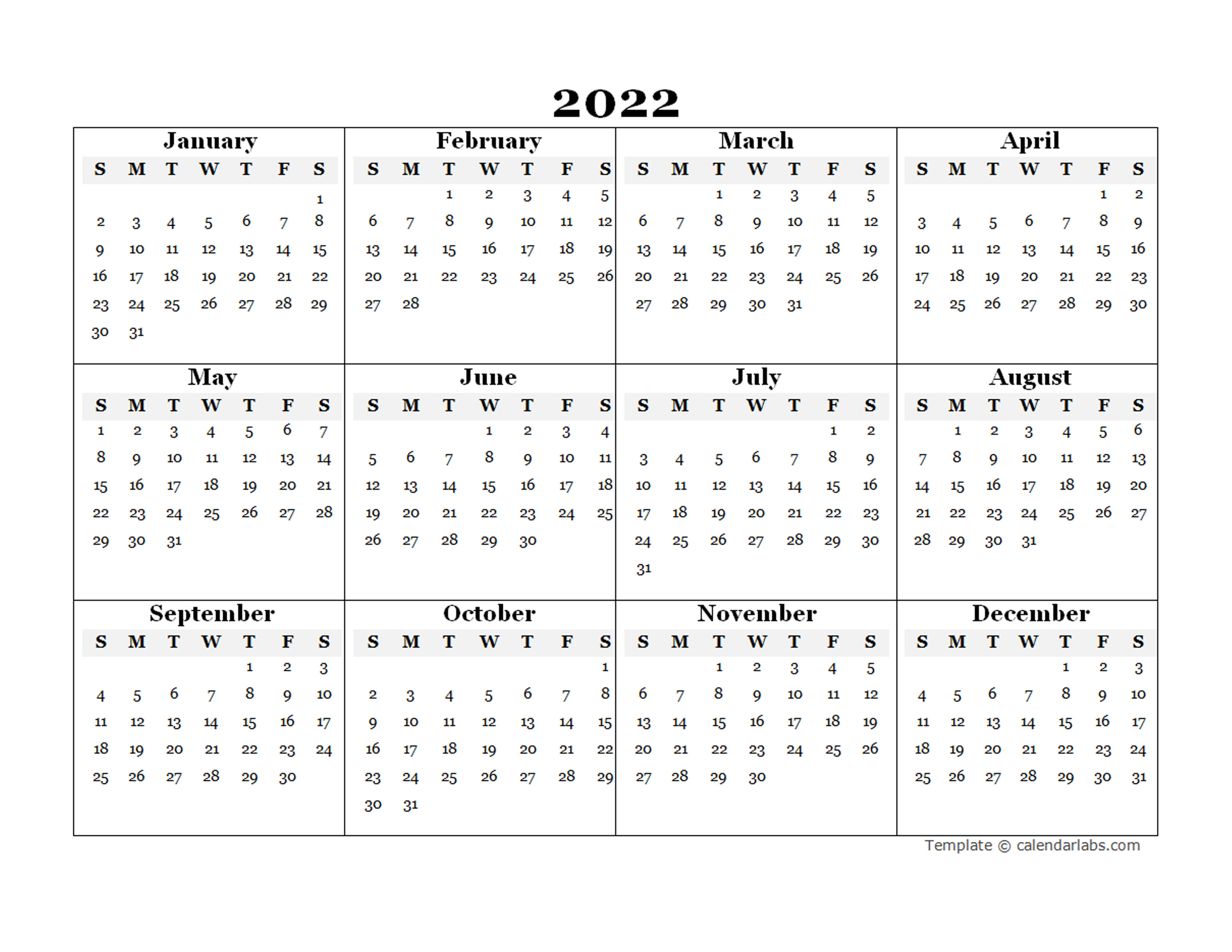 2022 Blank Yearly Calendar Template Free Printable Templates
