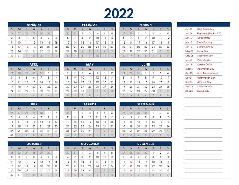 2022 Germany Annual Calendar with Holidays Free