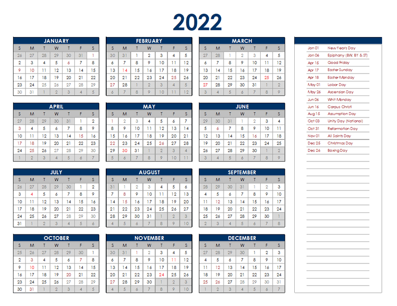 2022 germany annual calendar with holidays free printable templates