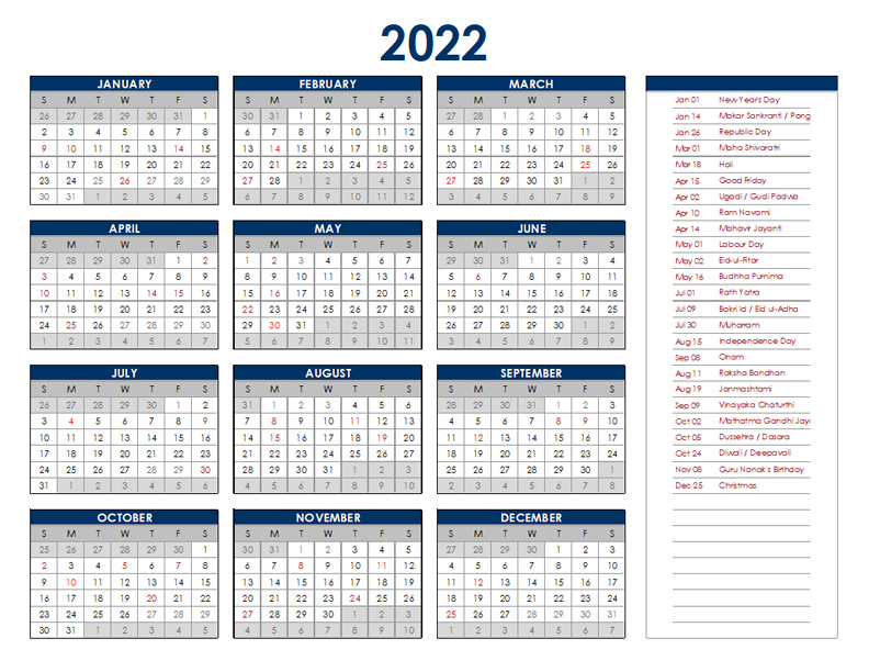 2022 India Annual Calendar With Holidays Free Printable Templates 2022 India Annual Calendar With Holidays Free Printable Templates