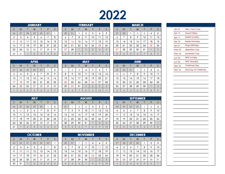 2022 Netherlands Annual Calendar With Holidays Free Printable Templates
