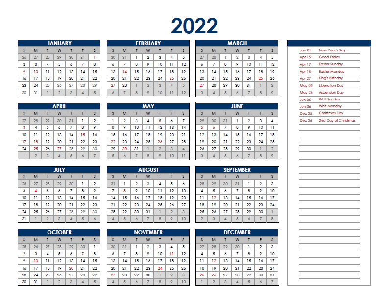 2022 netherlands annual calendar with holidays free printable templates