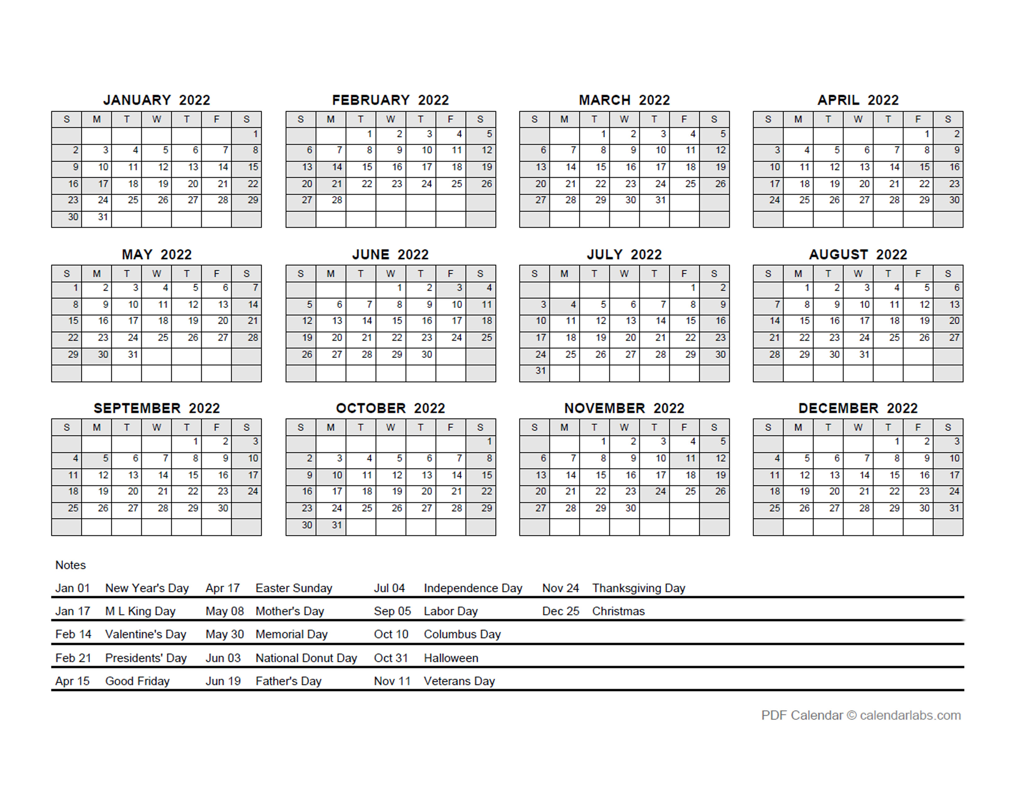 2022 PDF Yearly Calendar With Holidays Free Printable