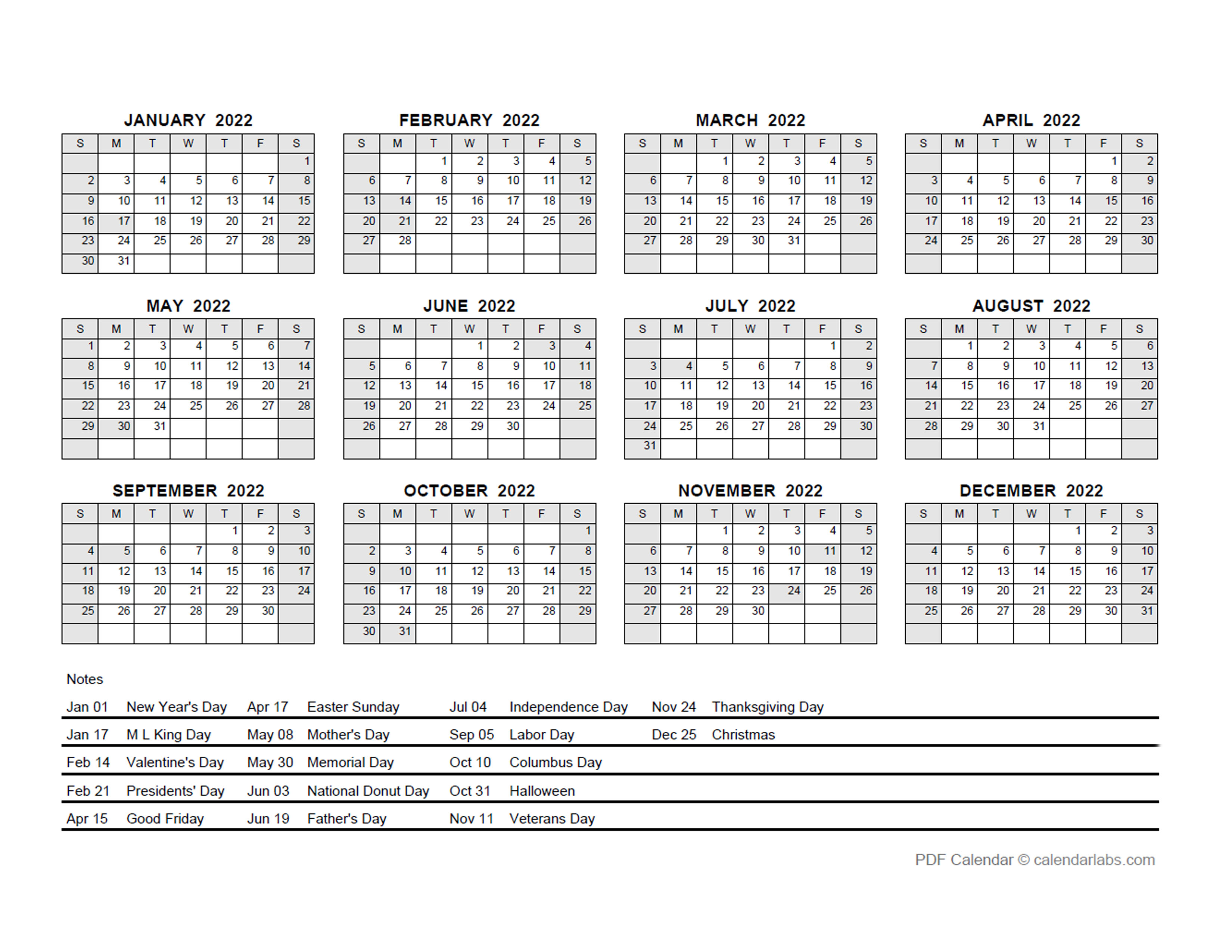 2022 PDF Yearly Calendar With Holidays - Free Printable Templates