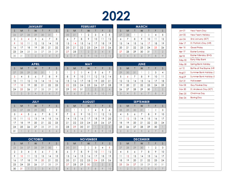 2022 uk annual calendar with holidays free printable
