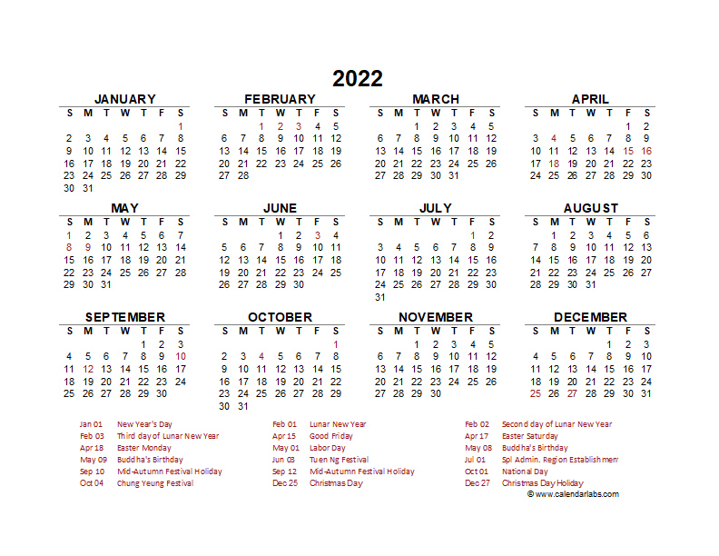 2022 Year at a Glance Calendar with Hong Kong Holidays