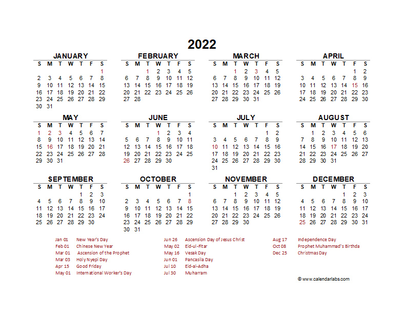 2022 year at a glance calendar with indonesia holidays