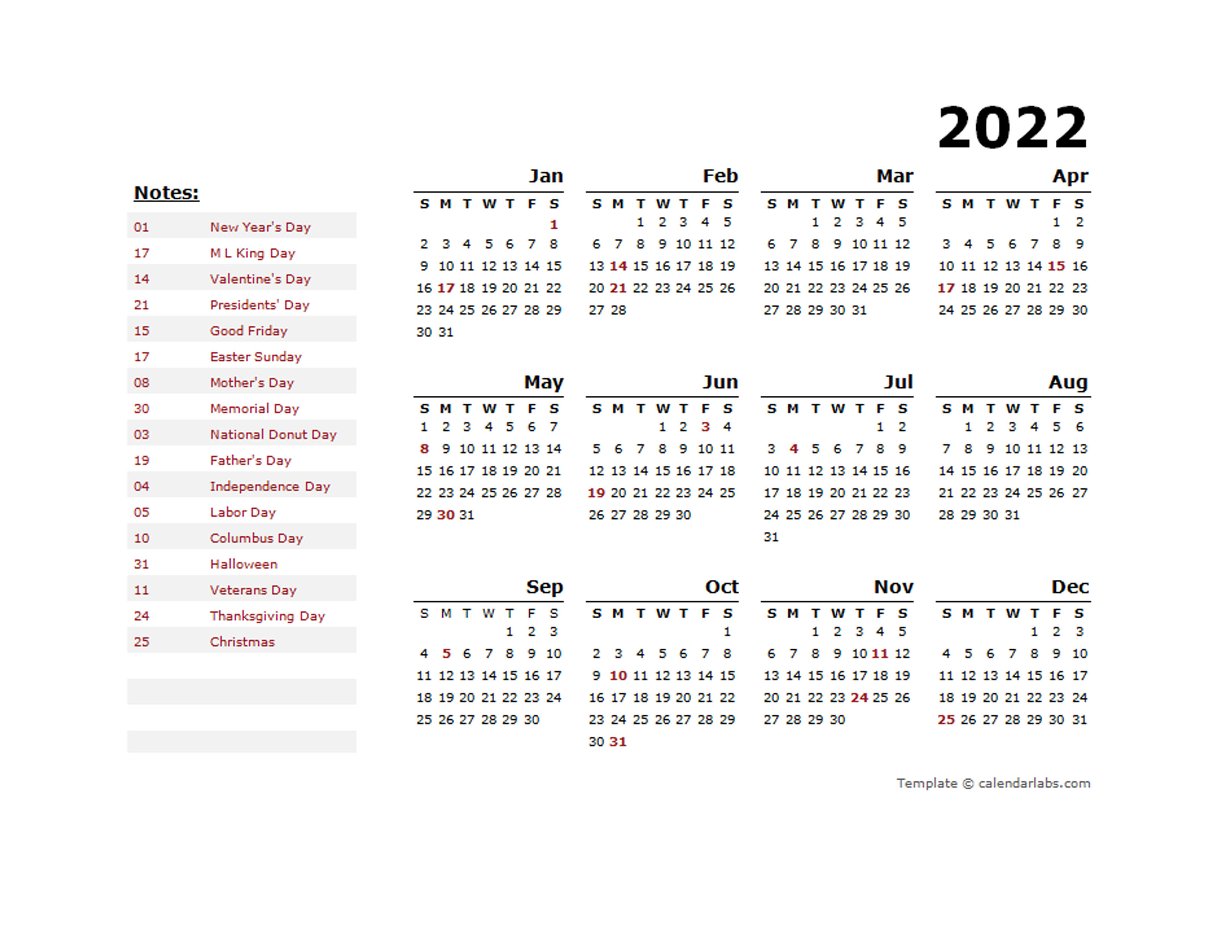 2022 Year Calendar Template with US Holidays Free