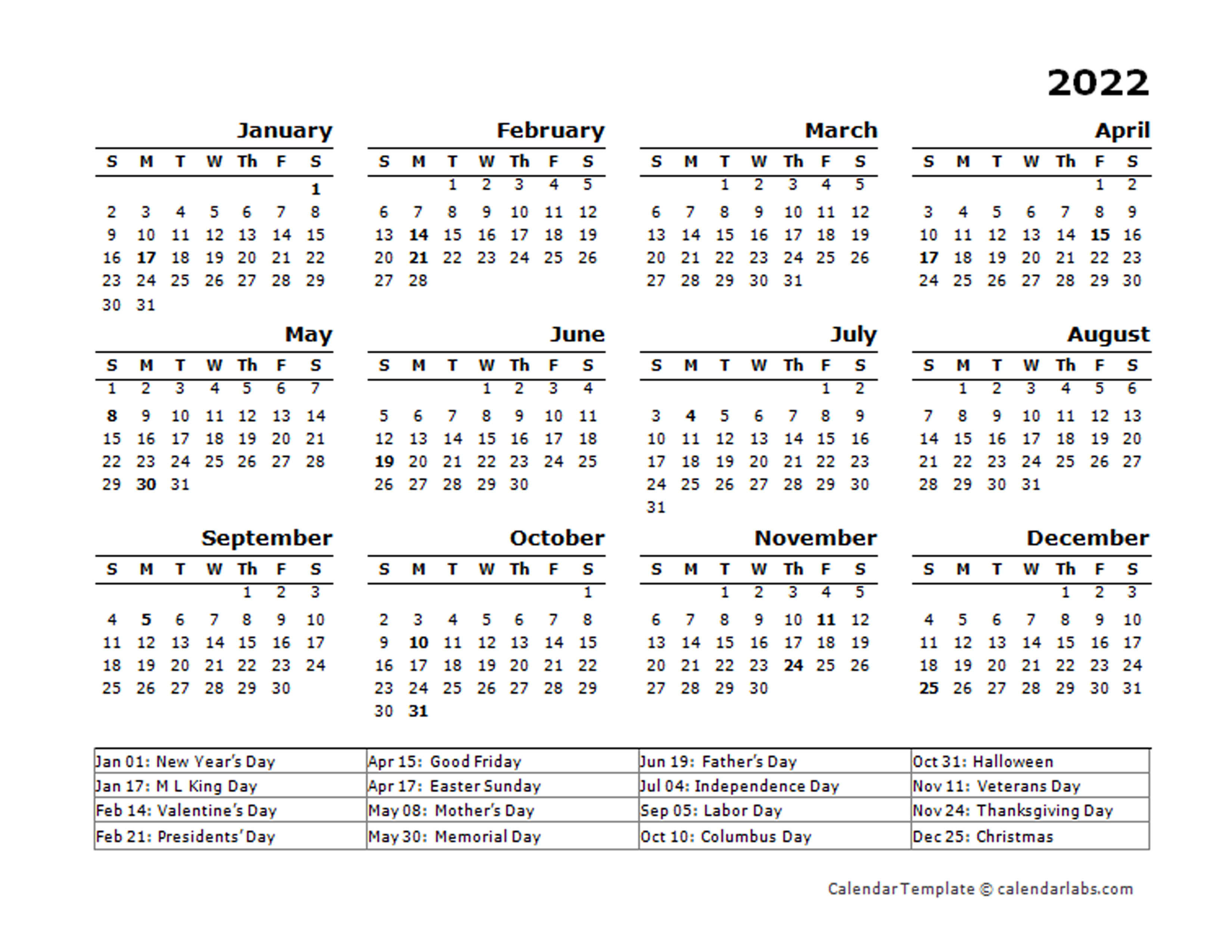 2022 yearly calendar template with us holidays free