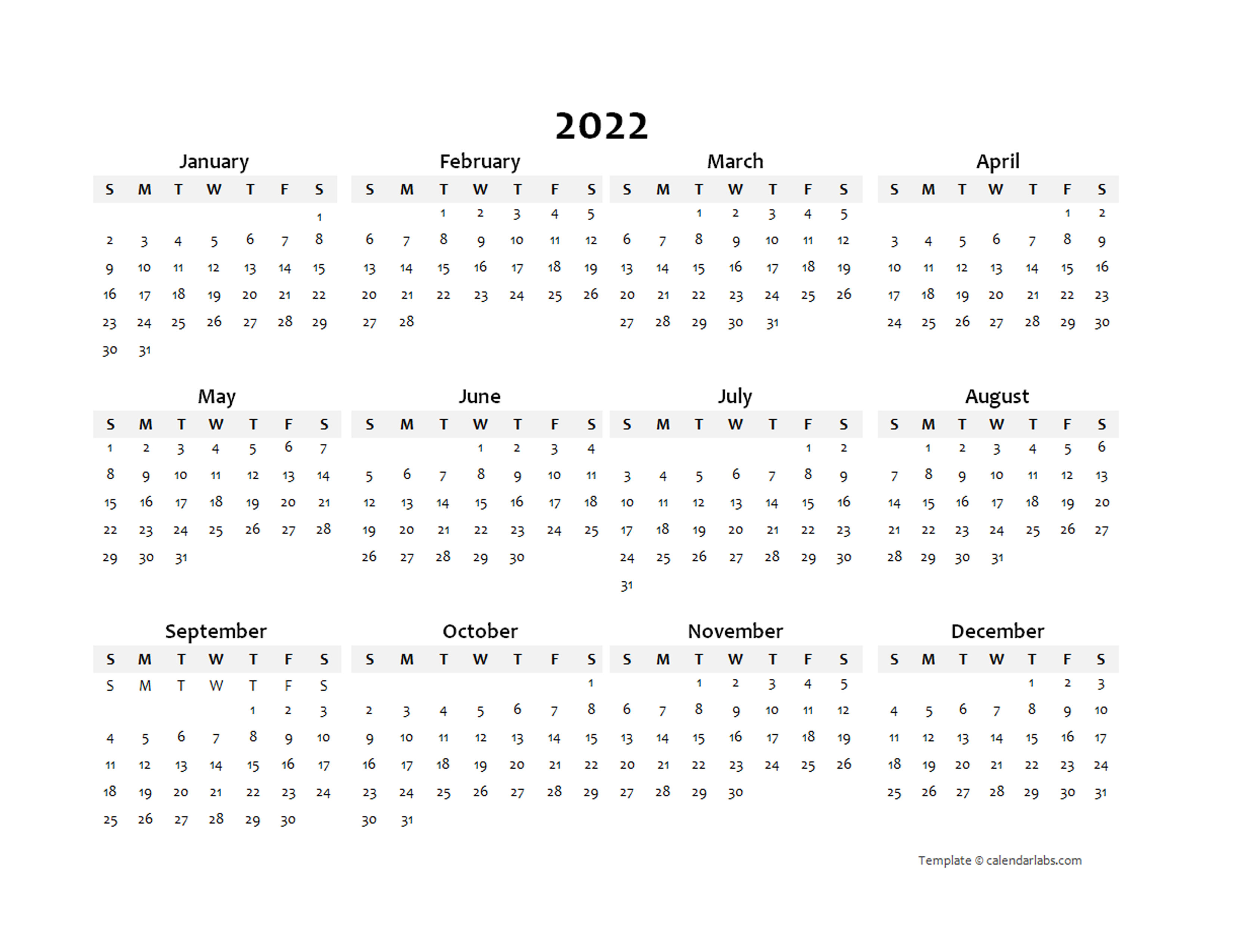 2022 Yearly Blank Calendar Template Free Printable Templates