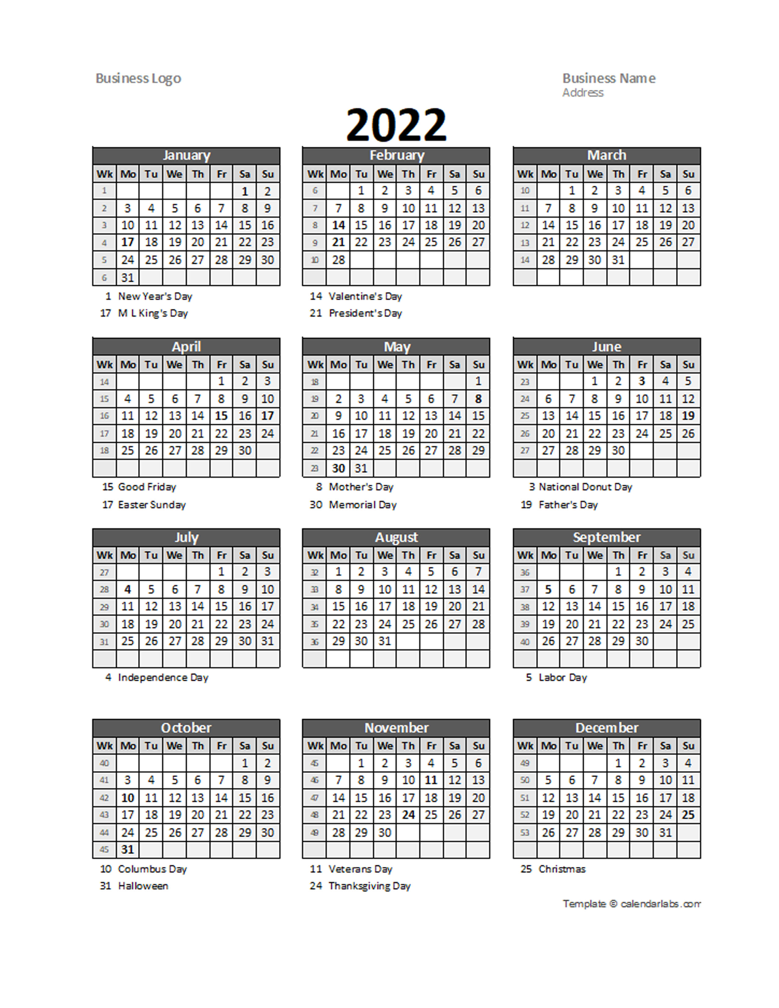 2022 yearly business calendar with week number free printable templates