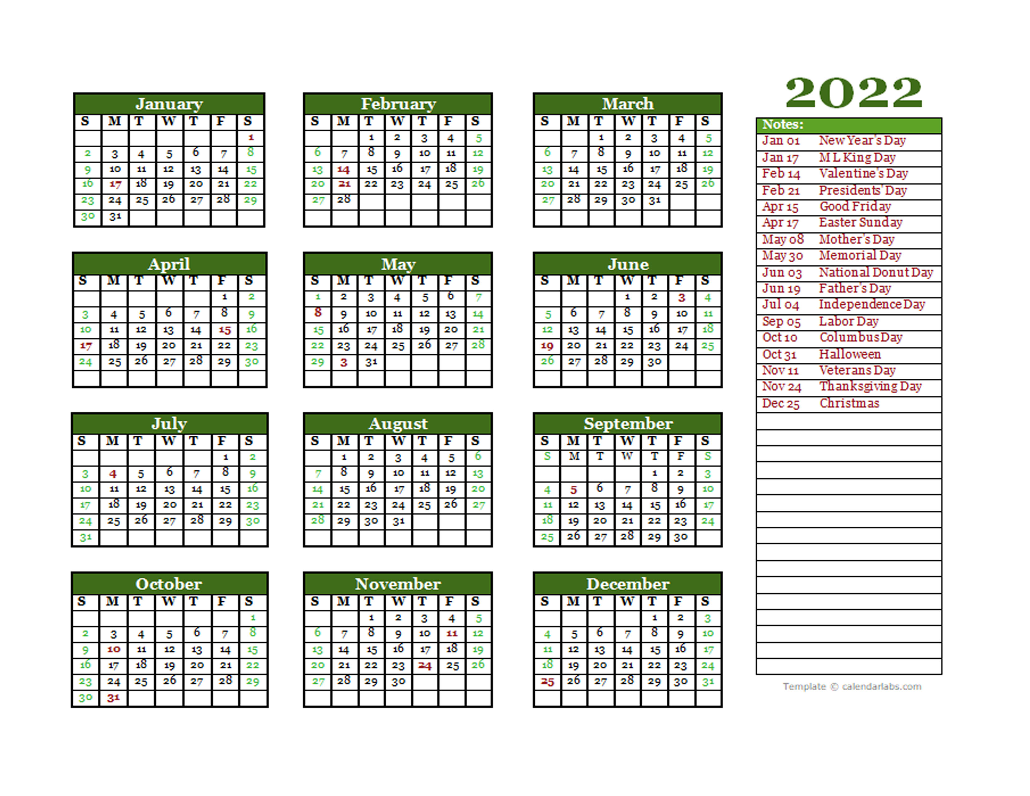 Editable 2022 Yearly Calendar Landscape Free Printable