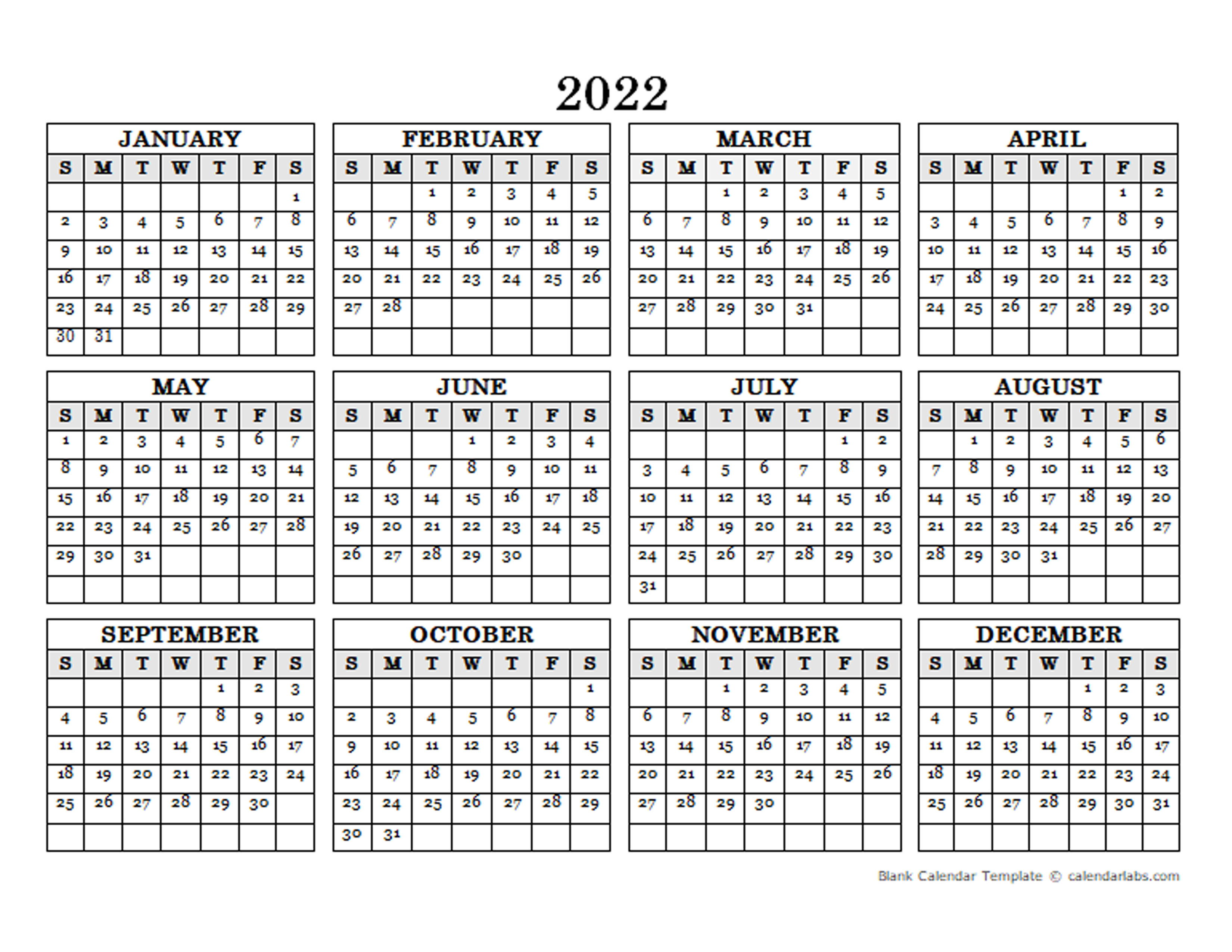 2022 blank yearly calendar landscape free printable templates