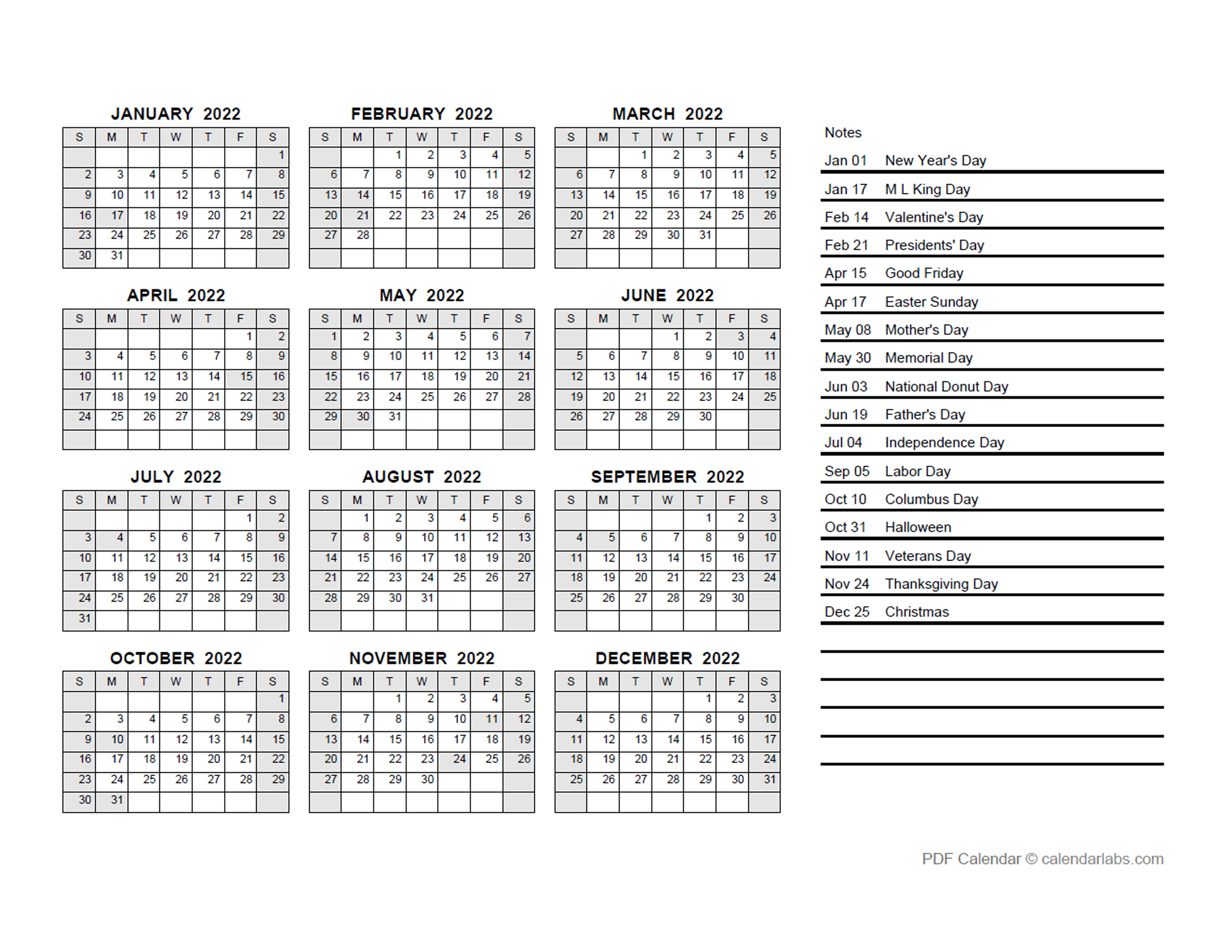 2022 Pdf Yearly Calendar With Holidays Free Printable 2022 Year