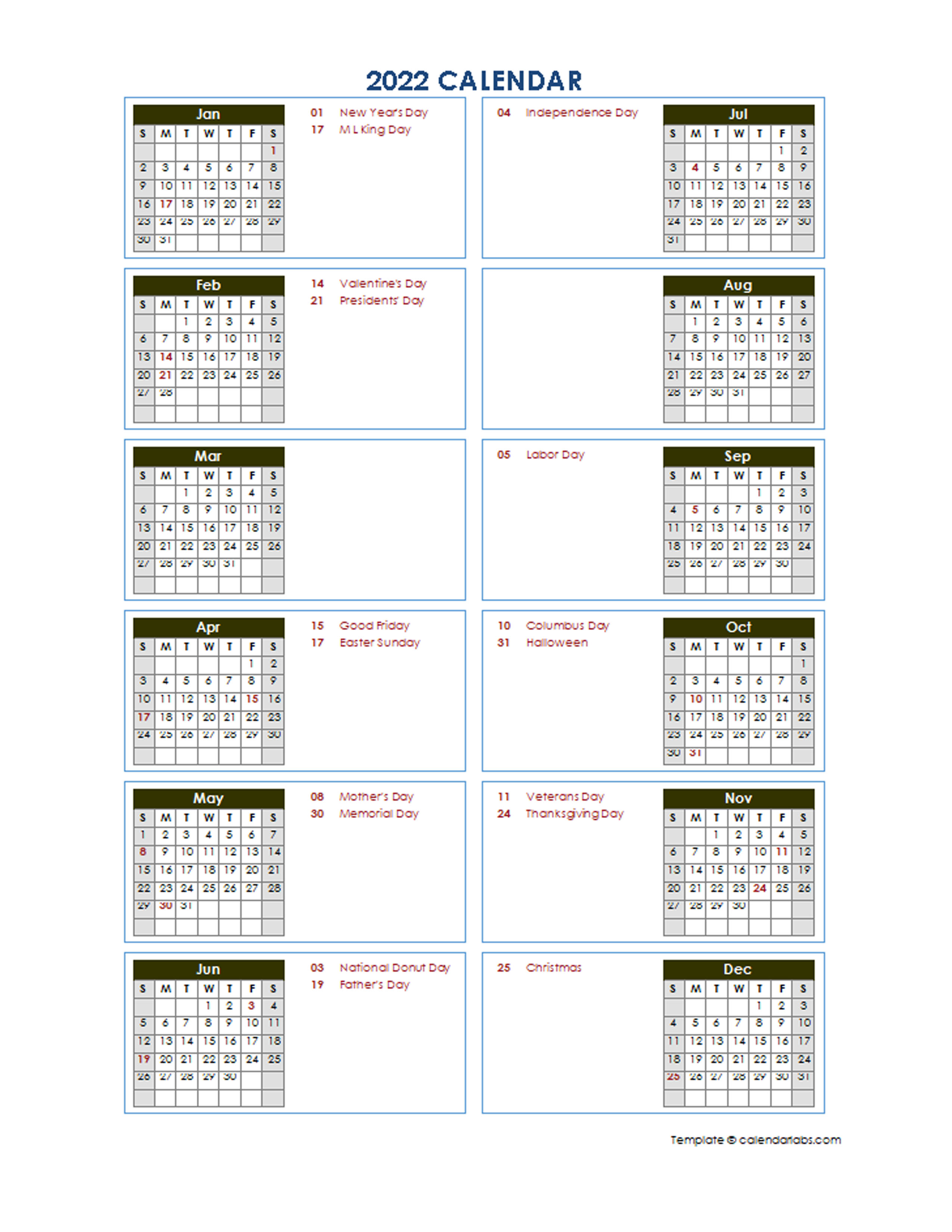 2022 Yearly Calendar Template Vertical Design Free Printable Templates