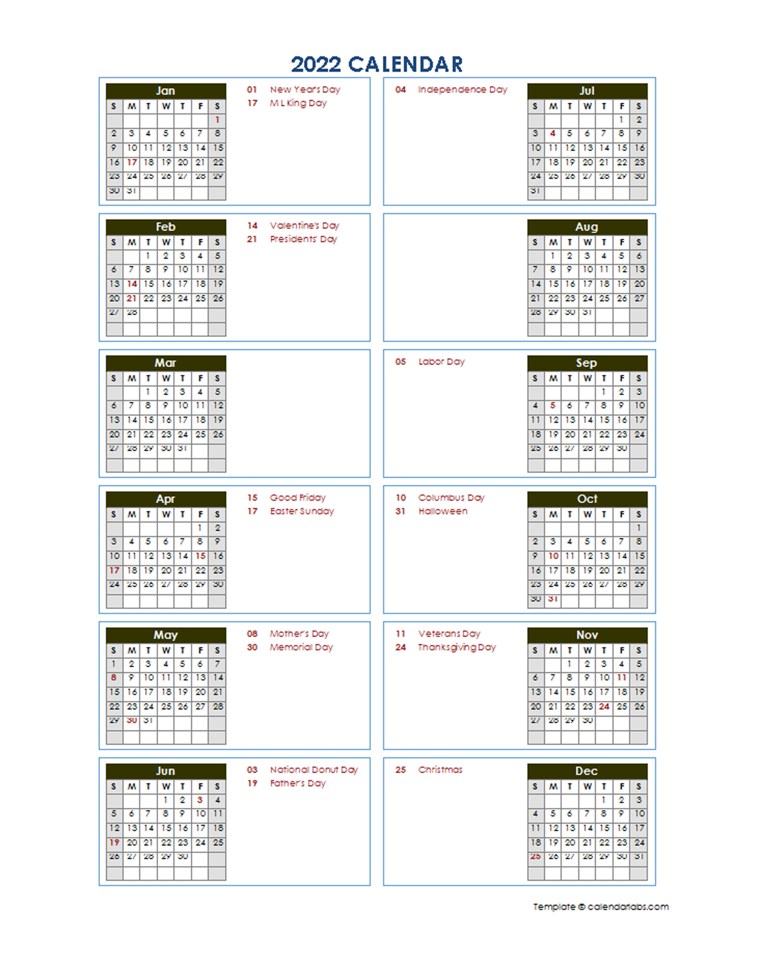 2022 yearly calendar template vertical design free