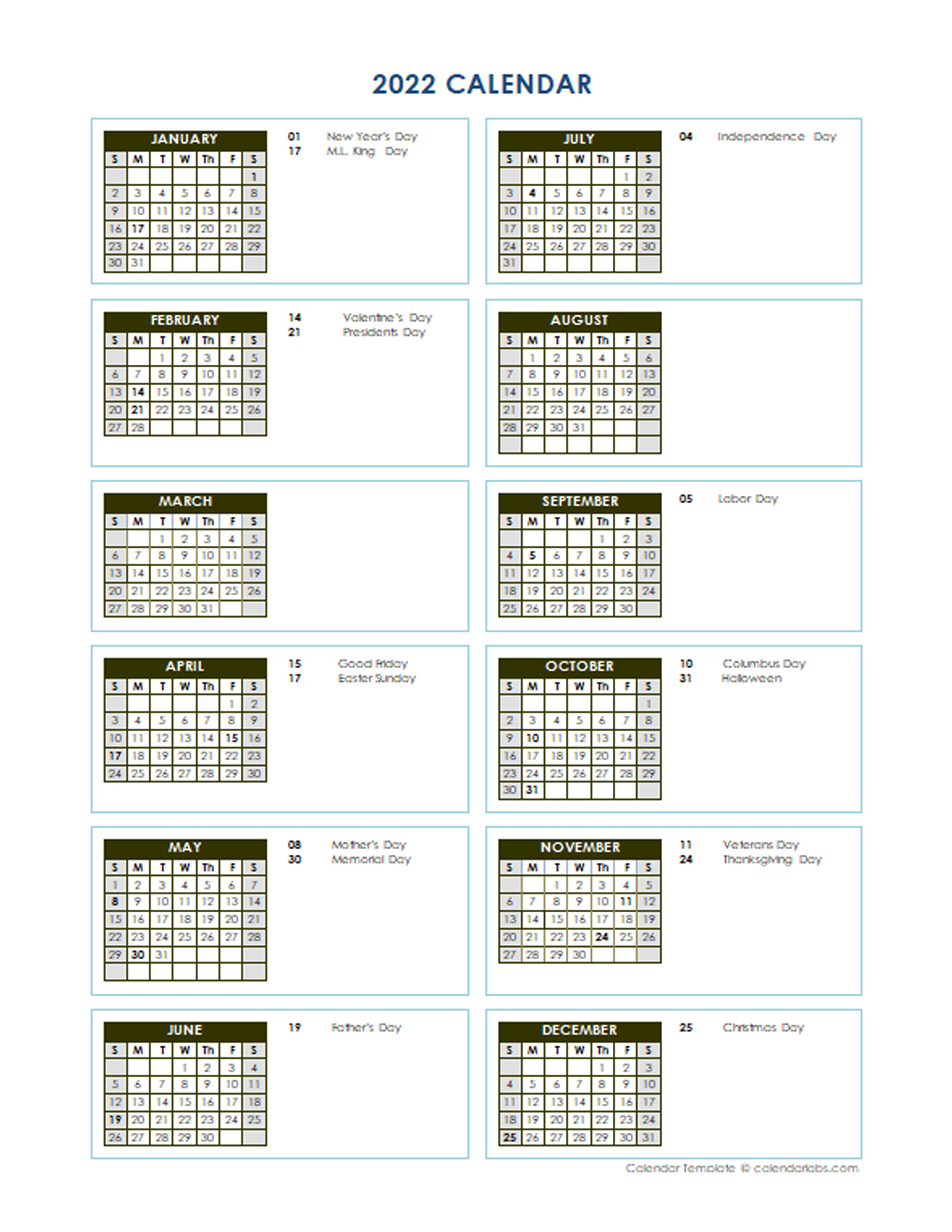 2022 Full Year Calendar Vertical Template Free Printable Templates
