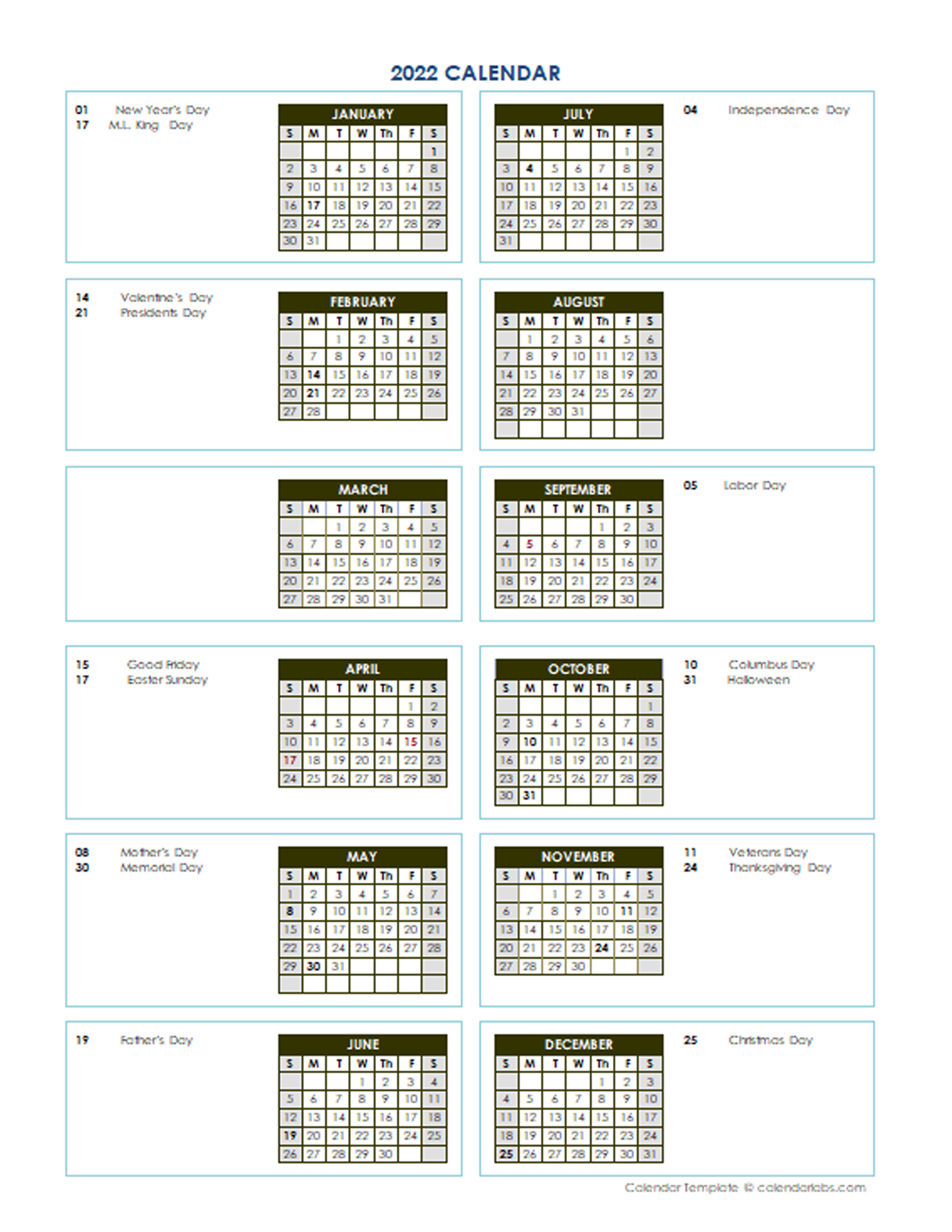 2022 Annual Calendar Vertical Template Free Printable