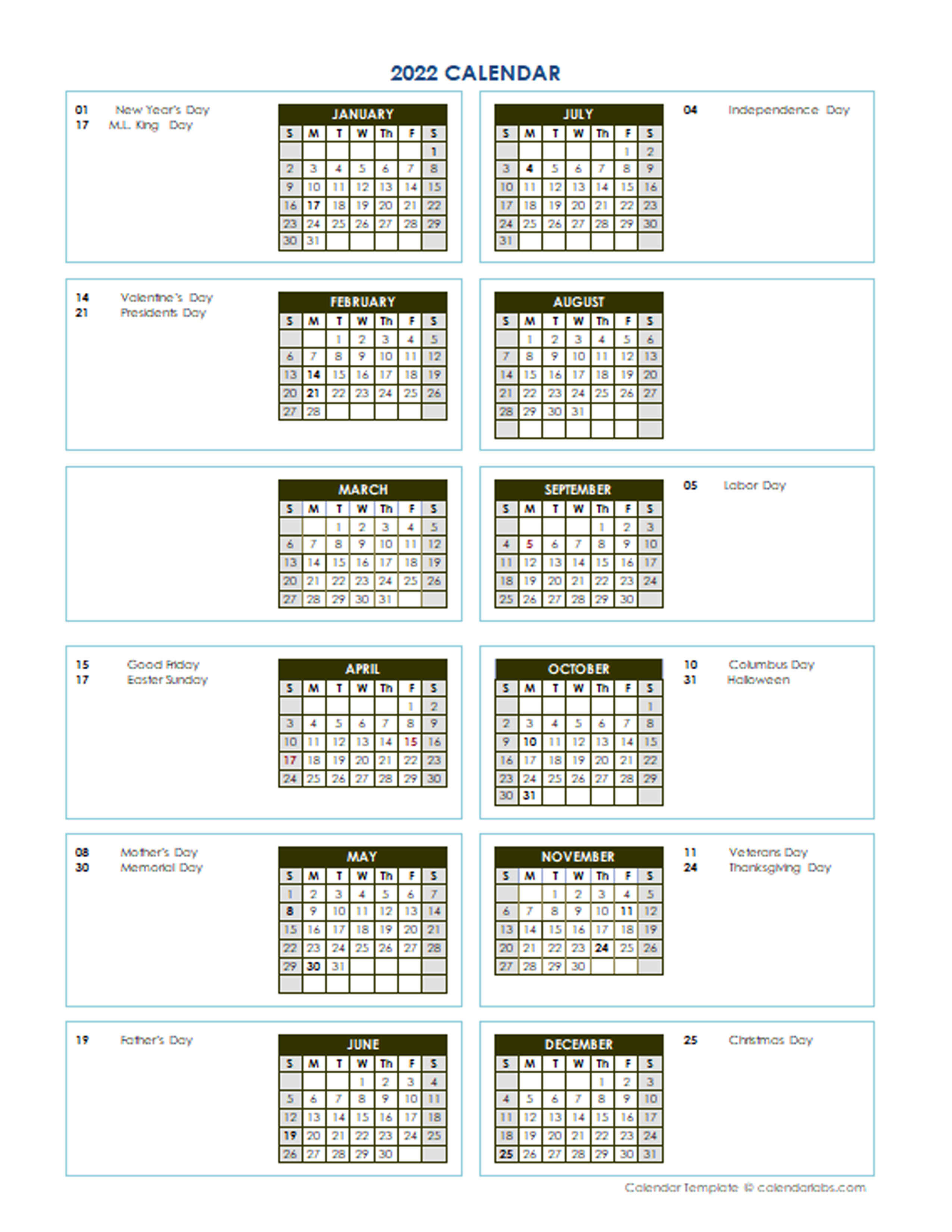 2022 annual calendar template excel