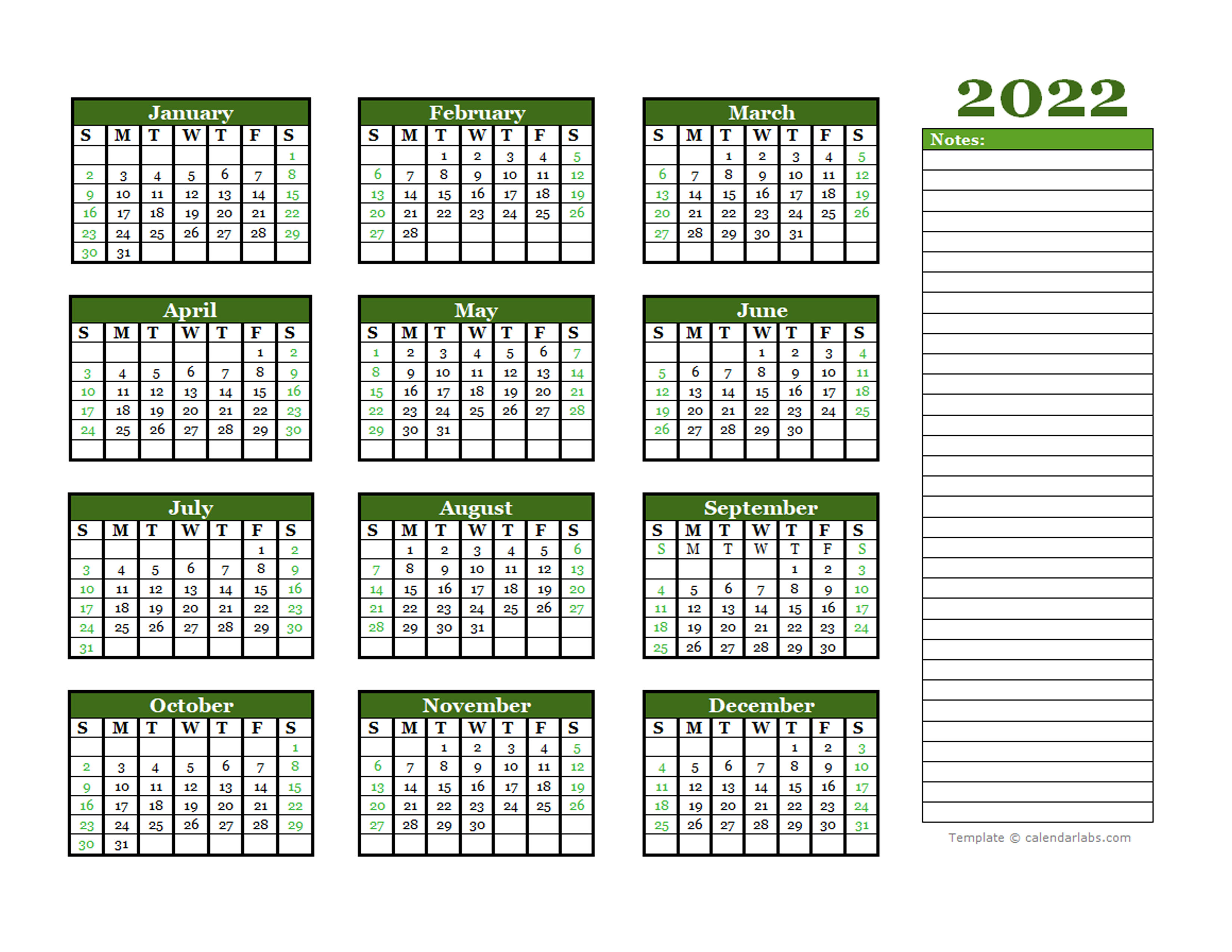 2022 yearly calendar with blank notes free printable