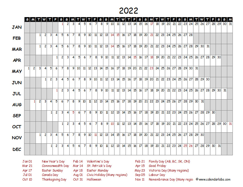 2022 Yearly Project Timeline Calendar Canada Free