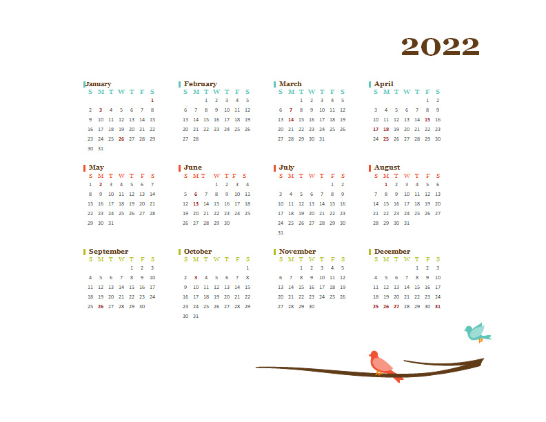 2022 Yearly UK Calendar Design Template Free Printable