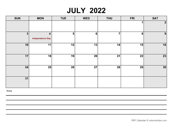 July 2022 Calendar Calendarlabs