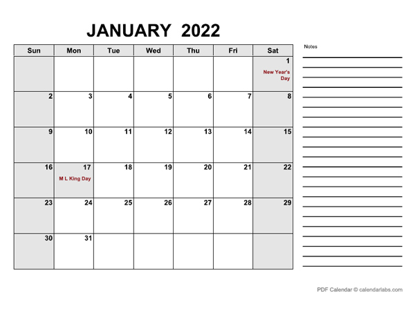 January 2022 Calendar with Holidays | CalendarLabs