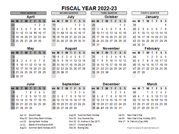 2022-23 Fiscal Year Calendar UK Template