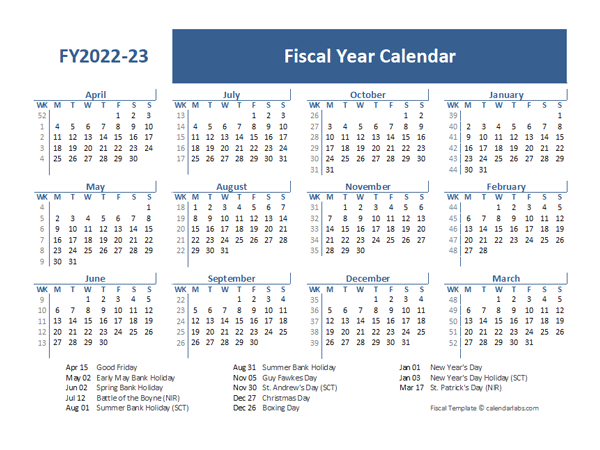 2022 Fiscal Year Calendar Template UK