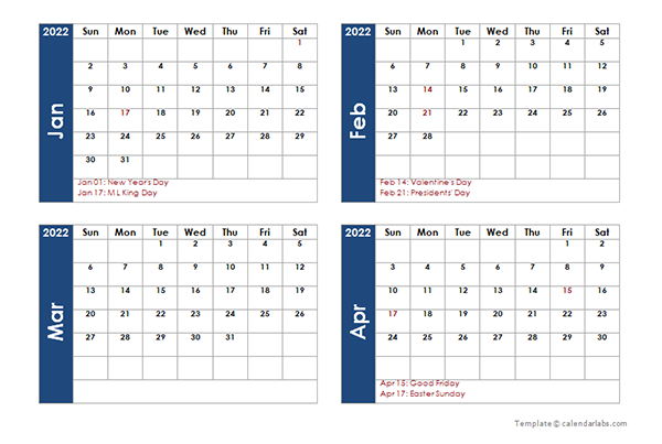 2022 Four Month Calendar Template