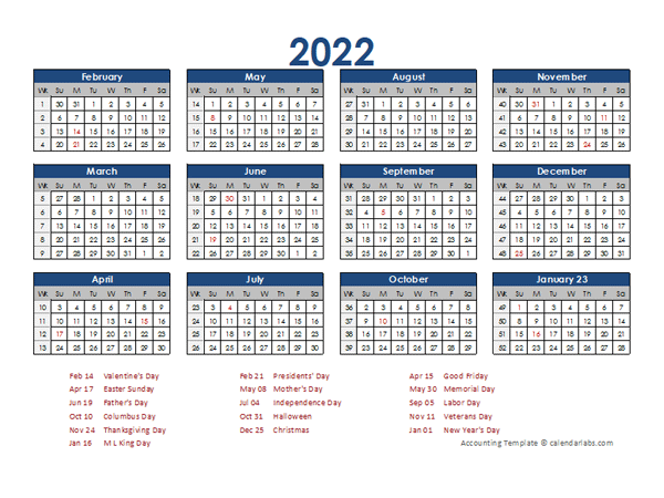 Yearly Calendar 2021 With Holidays 2022