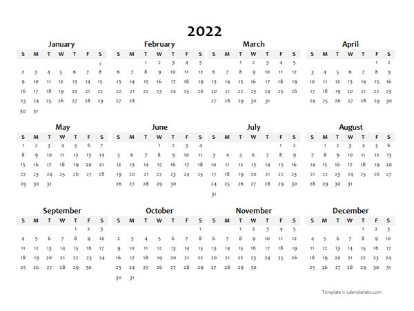 2022 Annual Blank Word Calendar Template