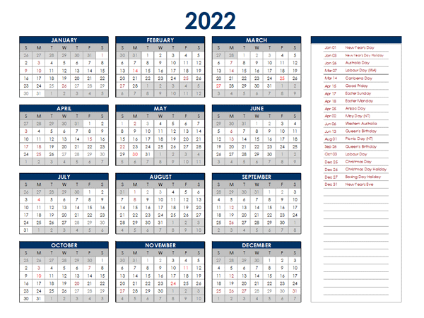 2022 Australia Annual Calendar with Holidays