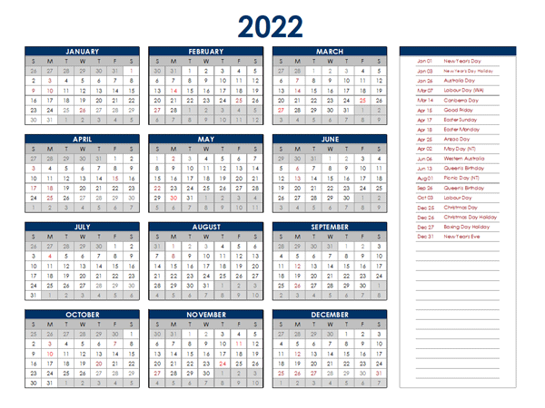 2022 australia annual calendar with holidays free