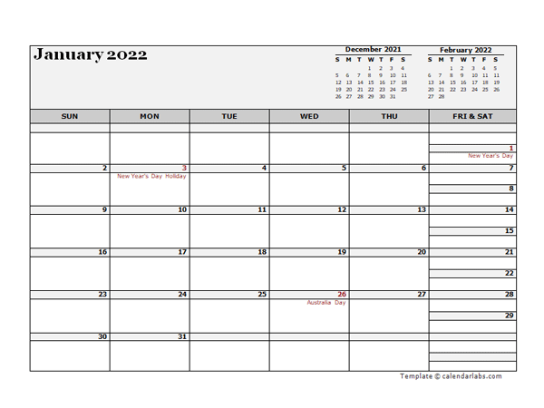 2022 Australia Calendar For Vacation Tracking