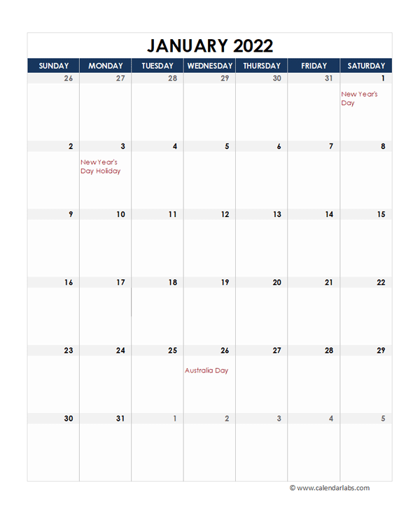 2022 Australia Calendar Spreadsheet Template