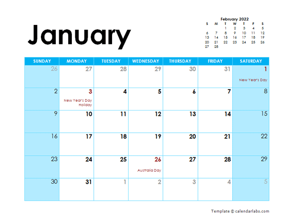 2022 Australia Monthly Calendar Colorful Design