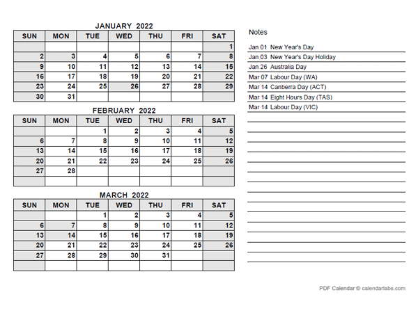 2022 Australia Quarterly Calendar with Holidays