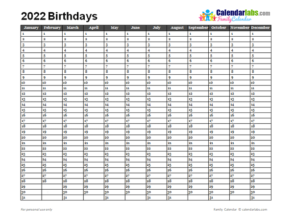 2022 Birthday Calendar Template