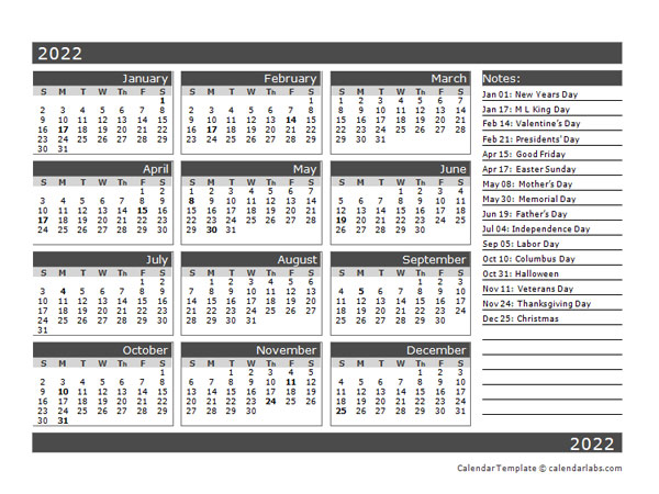 2022 Blank 12 Month Calendar In One Page