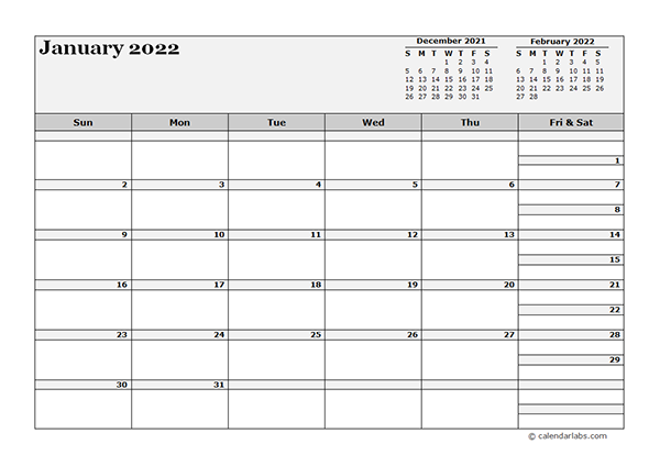 2022 Blank Three Month Calendar