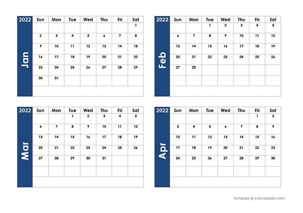 2022 Blank Four Month Calendar