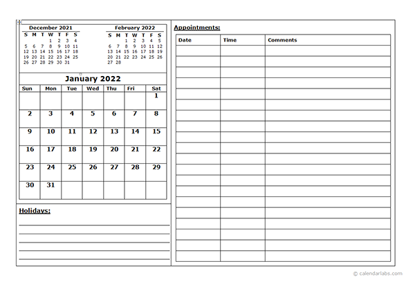 2022 Blank Appointment Calendar