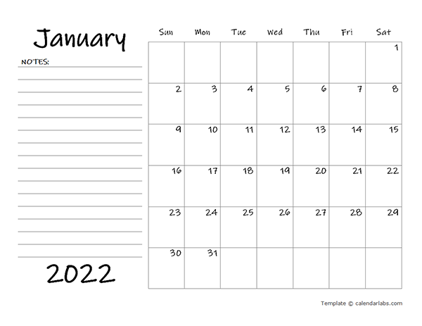 Printable Calendar 2022 Blank 2022 Blank Calendar Template With Notes - Free Printable Templates