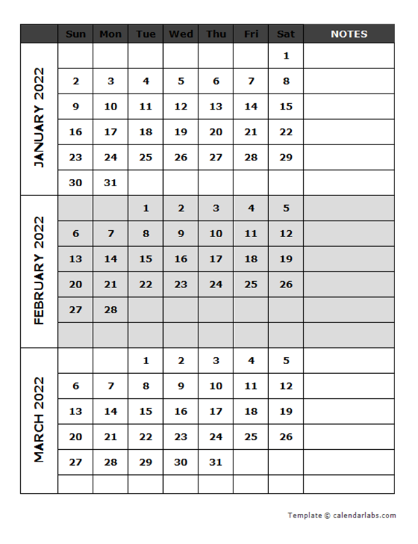 2022 Blank Quarterly Calendar