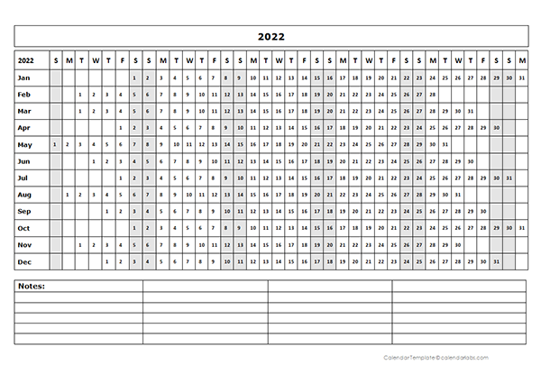 2022 Blank Landscape Yearly Calendar Template